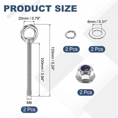 M8 X 100mm Shoulder Eye Bolt Set In 304 Stainless Steel With Lifting Ring and components including nuts and washers.