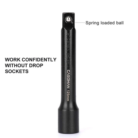 9 Piece Socket Extension Bar Set For 1/4, 3/8, And 1/2 Inch Drives showing black phosphate extension with spring-loaded ball.