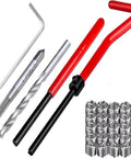 30 Piece Thread Repair Kit Must Have With M5X0.8mm Thread Inserts Includes Helicoil Insertion Tool Lug Breaker Installation Tool Wrench Thread Tap And Drill Bit For Restoring Stripped Holes In Auto Motorcycle Machinery And Home Projects featuring red insertion tool, silver thread tap, drill bit and stainless steel inserts.