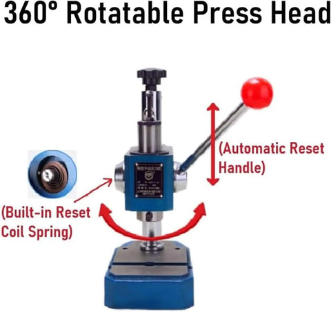 Badass Heavy Duty Arbor Press With Grippy Anti Slip Base And True 360 Degree Rotating Spindle For Smooth Cranking riveting and clean punching jobs across the shop, showing press head and reset handle.