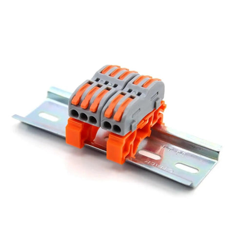 Compact Push In Terminal Block 222 Kit With Lever Operated Spring Clamp Tech Tools For Fast Wire Splicing On Solid And Stranded Copper From 28 To 12 AWG Plus Flame Retardant Transparent Housing With Test Points mounted on metal rail