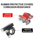 Two Pack 12V Top Post Battery Terminal Connectors Kit With 3 Way Clamps Positive And Negative Durable Tinned Copper Quick Disconnect Car Boat Van Marine Terminals For Easy Hookups And Reliable Power with red and black protective covers labeled positive and negative showcasing corrosion resistance.