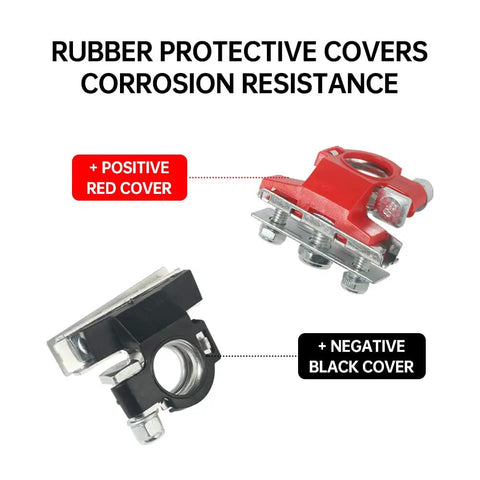 Two Pack 12V Top Post Battery Terminal Connectors Kit With 3 Way Clamps Positive And Negative Durable Tinned Copper Quick Disconnect Car Boat Van Marine Terminals For Easy Hookups And Reliable Power with red and black protective covers labeled positive and negative showcasing corrosion resistance.