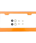 Orange 8K Mirror Polished Stainless Steel License Plate Frame with rust resistant build, shown with screws and washers