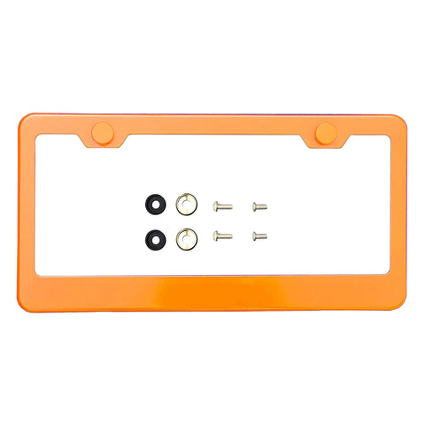 Orange 8K Mirror Polished Stainless Steel License Plate Frame with rust resistant build, shown with screws and washers
