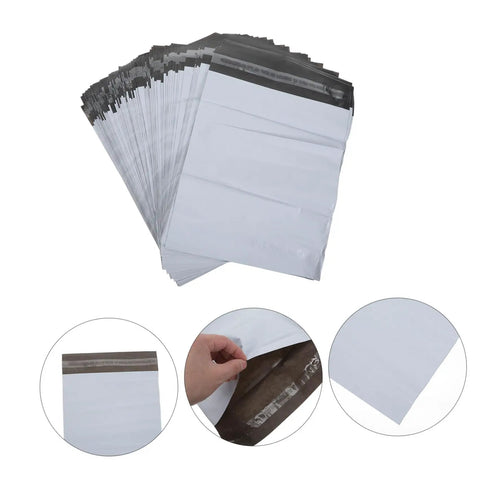Self-Seal White Poly Mailer Bags 100 Pack 10x14 Inches Waterproof And Tear-Resistant Shipping Bags detail with peel-and-seal closure