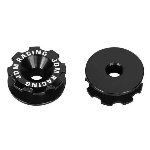 Close-up of Bumper Trunk Quick Release Fastener Kit black aluminum set with two round fasteners. Aircraft grade construction.
