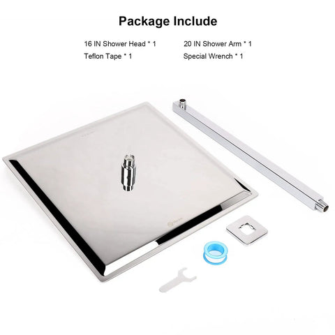 High Pressure Square Rain Shower Head With 16 Inch Chrome Head And 20 Inch Stainless Steel Extension Arm, accessories included