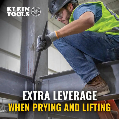 Worker using Round Connecting Bar Seven Eighths Inch By 36 Inch With 15 Degree Angled Chisel For Extra Leverage on steel beam