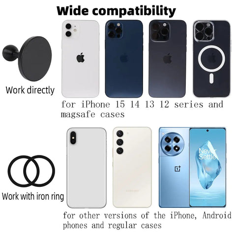 Beefy Strong Magnetic Phone Holder Base with Wide Compatibility featuring iPhone, Android models, and iron ring adapters visible.