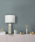 Reeded Glass Table Lamp With Metal Base In Antiqued French Silver Mercury Glass Finish, White Linen Drum Shade, 30 Inches Tall