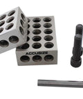 Accusize 1-2-3 precision blocks set; two silver metal blocks with multiple holes, four screws, and an L-shaped hex key