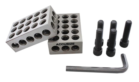 Accusize 1-2-3 precision blocks set; two silver metal blocks with multiple holes, four screws, and an L-shaped hex key
