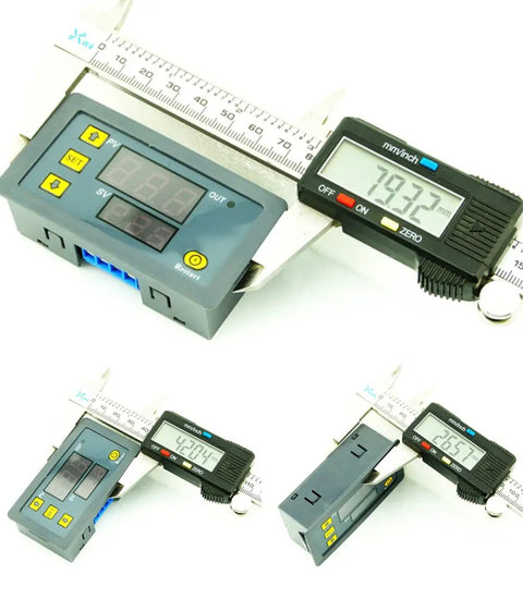 Two Pack Programmable Timer Delay Relay With LED Display On Off Cycle Timer Switch Digital Time Relay Module DC12V 20A Gray Four Terminal Wiring Easy Button Settings Plug And Play Timed Cycle Modes with caliper measurement