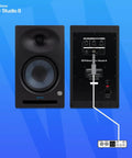 Front and back view of 8 Inch 2 Way Active Studio Monitors with EBM Waveguide for crisp highs and ultra wide sweet spot.