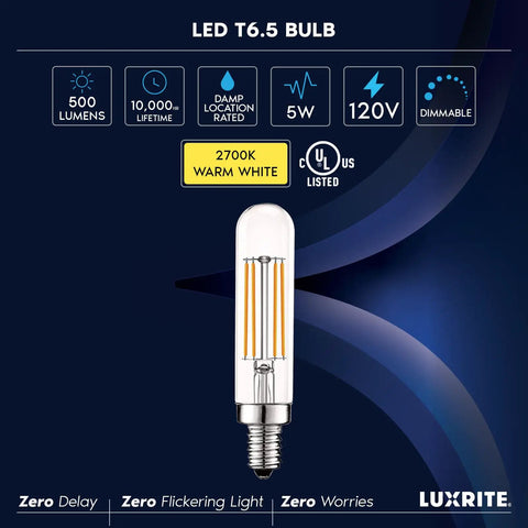 Old School Vintage E12 LED Bulb 60W Equivalent With Edison Filament, Warm White 2700K, 500 Lumens, Dimmable Candelabra Tubular Bulb, 5W Energy Saver, Clear Glass, UL Listed, Pack Of 6
