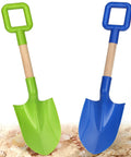 Beast Beach Sand Shovels For Kids And Adults, 16 Inch wooden-handled spades with blue and green durable plastic blades on sandy beach