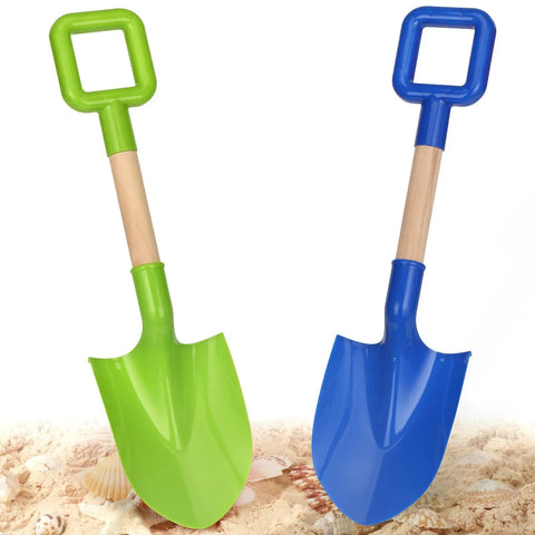 Beast Beach Sand Shovels For Kids And Adults, 16 Inch wooden-handled spades with blue and green durable plastic blades on sandy beach