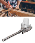 Front view of wood router tool with adjustable metal rail and clear guard for grooving and chamfering
