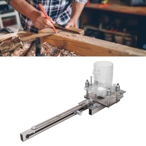 Front view of wood router tool with adjustable metal rail and clear guard for grooving and chamfering