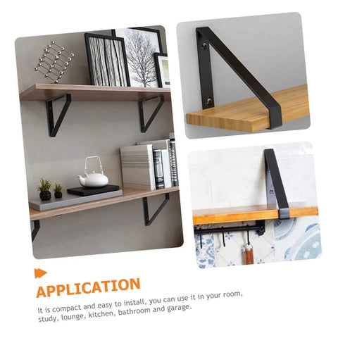 Hefty Corner Brace Shelf Brackets 2 Pack Beefy Triangle Wall Mounts For Floating Shelves showcasing black steel brackets supporting wooden shelves.