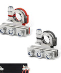 Garage Ready Heavy Duty Battery Terminal Connectors 2Pcs With 3Way Top Post Cable Clamps Universal Positive Negative 12Volt Rust Proof Zinc Coated For Cars Trucks Vans Silver close up view