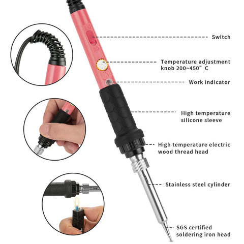 60W Soldering Iron Kit With 5 Interchangeable Tips And 10 In 1 Adjustable Temperature Soldering Tool For Electronics Repair Fast Heat 110V showing detailed features.