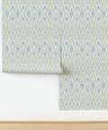 Straight Up Heavy Duty Ikat Stripes Wallpaper With Faux Pvc Free Matte Linen Texture showing green and blue patterned design on wall.