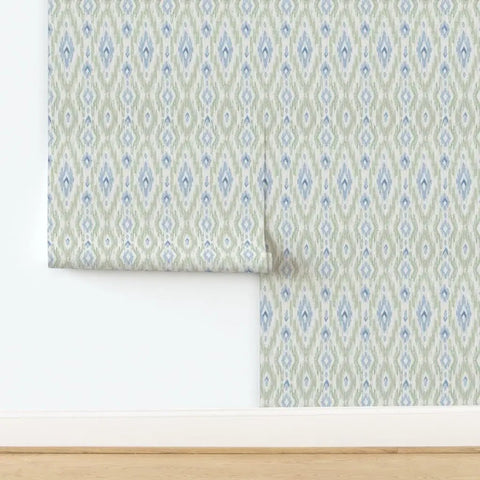 Straight Up Heavy Duty Ikat Stripes Wallpaper With Faux Pvc Free Matte Linen Texture showing green and blue patterned design on wall.
