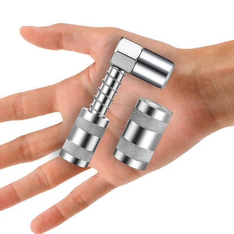 90 Degree Grease Gun Adapter For Tight Spaces, 3 Jaw Coupler To Reach Hard To Access Fittings, No Sweat Quick Connect, hand holding