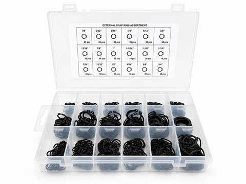 External Snap Ring Kit 600-Piece Pro Grade Steel With Phosphate Finish 1/8 To 1-1/4 Inch in clear case with compartments