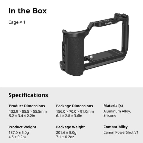 Pro Grade Camera Cage For Canon PowerShot V1 With Ergonomic Silicone Grip And Arca Swiss Quick Release Plate Black