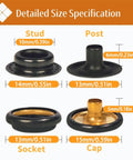 Detailed size specification of stud, post, socket, and cap for Heavy Duty Snap Button Kit With 100 Sets Of 15mm Metal Snaps For Clothing Leather Canvas And Boat Covers Includes Press Stud Tool With Three Dies And Clear Storage Box Four Color Pack Pro Grade