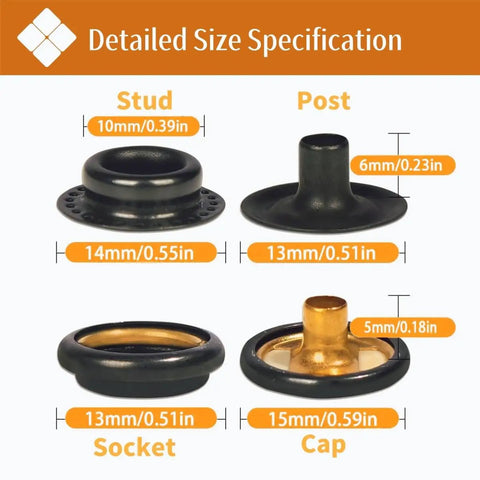 Detailed size specification of stud, post, socket, and cap for Heavy Duty Snap Button Kit With 100 Sets Of 15mm Metal Snaps For Clothing Leather Canvas And Boat Covers Includes Press Stud Tool With Three Dies And Clear Storage Box Four Color Pack Pro Grade