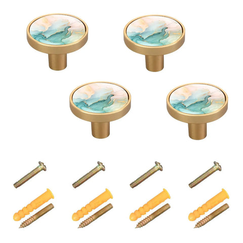 4 Pack Round Gold Cabinet Knobs For Kitchen And Dresser Drawers, Heavy Duty Zinc Alloy And Acrylic Hardware, Easy Install