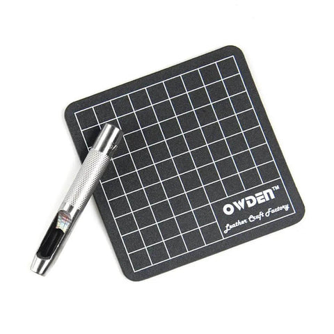 6 Piece Hollow Hole Punch Set With Free Cutting Mat for DIY leather, fabric, and craft projects, shown with tool on mat.