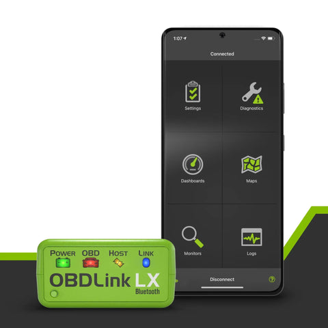 Bluetooth 3.0 OBD2 Adapter For Android With Motoscan And Torque next to an Android phone screen showing diagnostic app icons