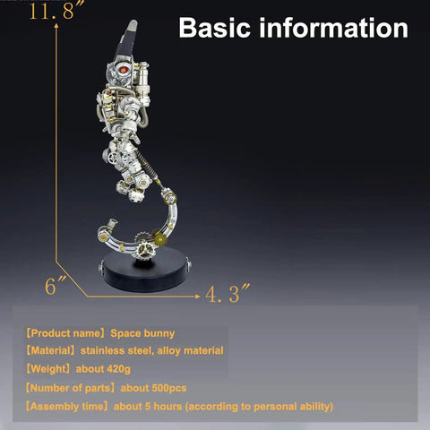 3D Space Rabbit Metal Puzzle Kit For Adults With Lights, Astronaut Mechanical Model, kit dimensions and materials info.