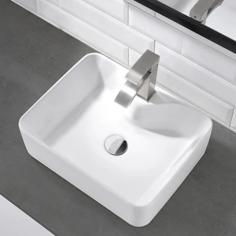 White Rectangle Ceramic Vessel Sink Combo With Stainless Steel Faucet And Chrome Pop Up Drain For Modern Vanity Dope Sleek 19x15 Inch Porcelain Art Basin Premium Glazed Ceramic Bathroom Sink top view of sink and faucet on gray countertop