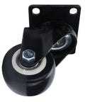Solid 2.5 Inch Heavy Duty Swivel Casters Featuring Twin Ball Bearings And Quiet Rolling Polyester Wheels For Warehouse Carts And Utility Furniture Built Tough For Daily Grind close-up view of black caster wheel and metal bracket.