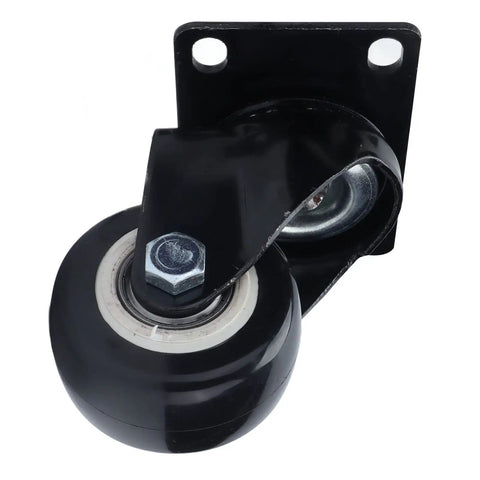 Solid 2.5 Inch Heavy Duty Swivel Casters Featuring Twin Ball Bearings And Quiet Rolling Polyester Wheels For Warehouse Carts And Utility Furniture Built Tough For Daily Grind close-up view of black caster wheel and metal bracket.