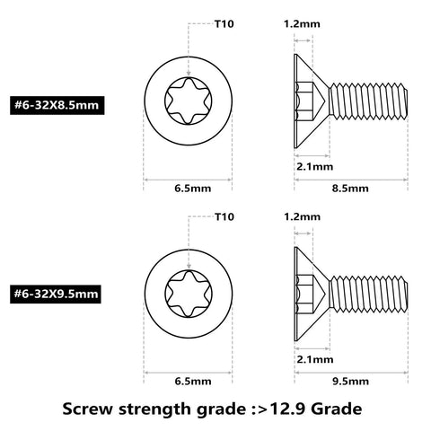 Diagram of 6-32 flat head screws 8.5mm and 9.5mm sizes, part of 60 Pcs 6 32 Flat Head Screws Kit For Red Dot Sights, Tough Alloy Steel Hardened Grade 12.9 Black Finish, Lengths 5mm 5.5mm 8.55mm 9.5mm 10.8mm 12.3mm, Includes 10 Of Each Size, Built For ARs And Handguns.