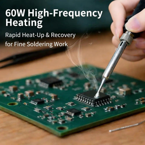 60W Soldering Station With Fast Heat Iron, 1 Degree Temperature Accuracy, soldering a PCB chip, close-up view
