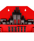 Red storage rack with 58 Piece Milling Clamping Kit including step blocks and strap clamps for milling machine T-slot workholding