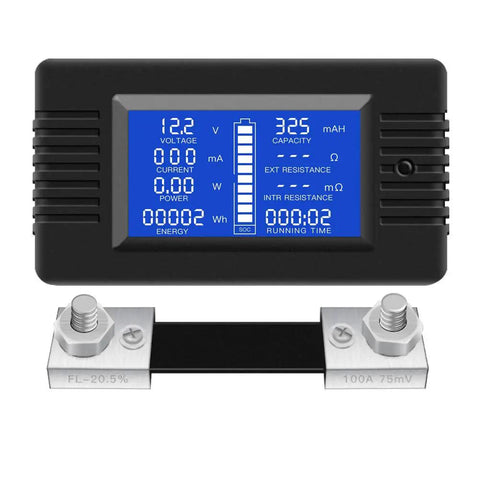 9-In-1 DC Battery Monitor Meter 0-200V 0-100A Range With LCD Backlit Display showing voltage, current, and power readings