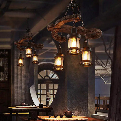 Industrial Hanging Lantern Chandelier With Three Lights, loft style wooden anchor pendant lighting fixture for kitchen bar
