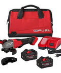 Top Shelf Brushless Angle Grinder Kit featuring Anti Vibration Grip and Lightning Quick Stop Brake with charger and batteries.