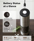 Rechargeable Electric Salt And Pepper Grinder Set With LED Display showing 86% charged, text displays battery details.