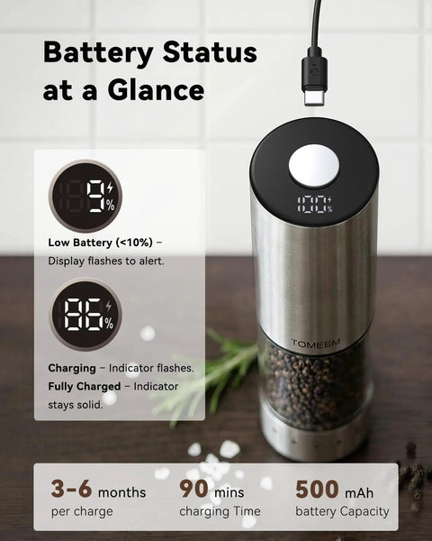 Rechargeable Electric Salt And Pepper Grinder Set With LED Display showing 86% charged, text displays battery details.