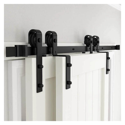 Heavy Duty Sliding Barn Door Hardware Kit For Bypass Double Doors J Shaped Hangers And Roller Track System installed view